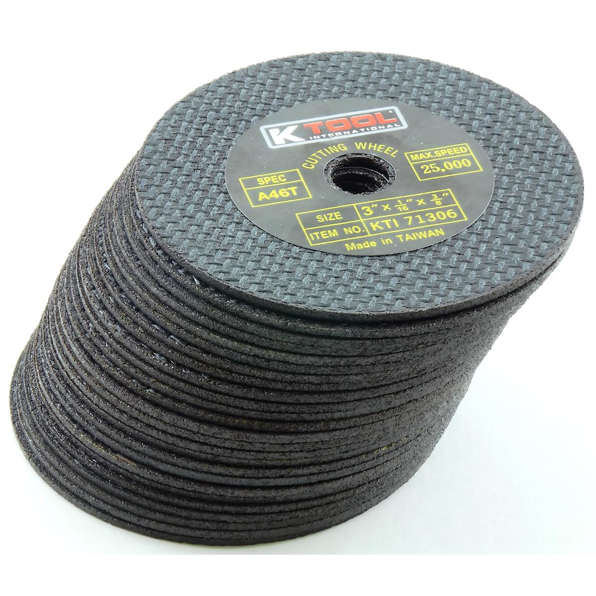 K Tool International General Purpose Cut-Off Wheels — 3in. x 1/16in., 3/8in. Arbor, 25,000 RPM, 50 Pcs, Model# KTI71300